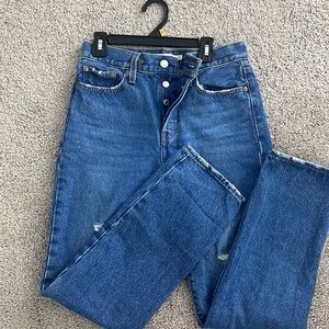 Wedgie Straight women’s Levi’s. Blue denim distressed straight pants.